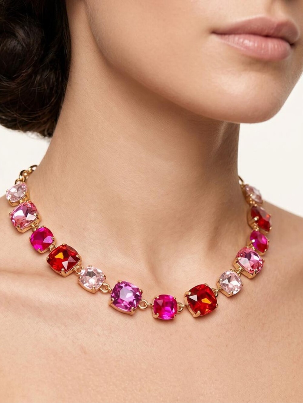 Gold Cushion Cut Gemstone Link Necklace – Pink & Red Statement Evening Jewelry